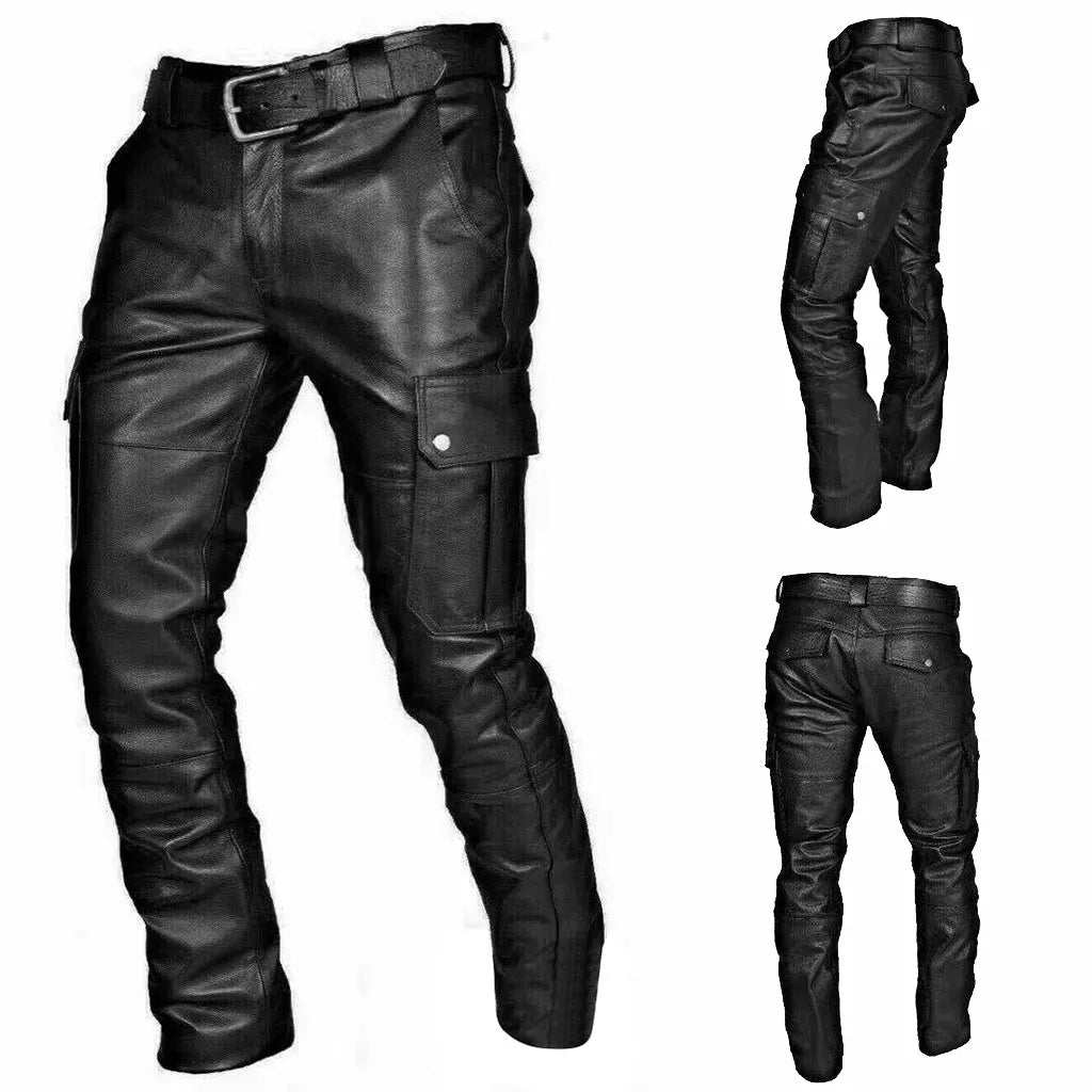 Pantalon de motard pour homme - Pantalon de moto élégant en similicuir avec poches cargo