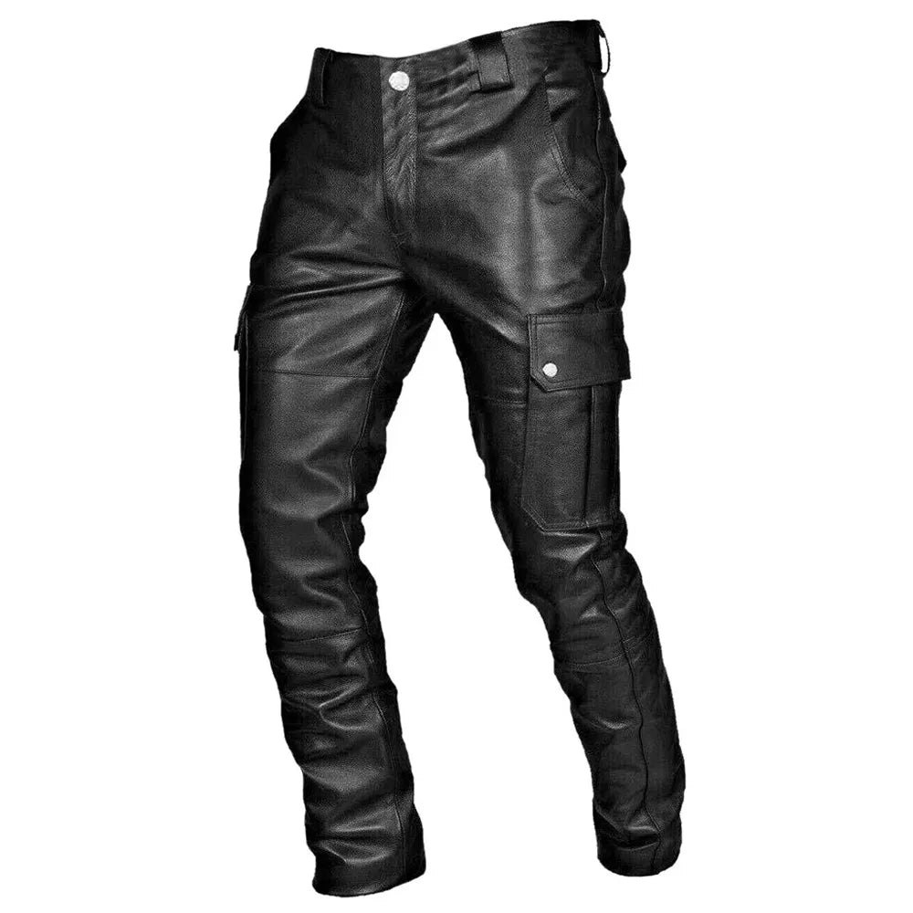Pantalon de motard pour homme - Pantalon de moto élégant en similicuir avec poches cargo