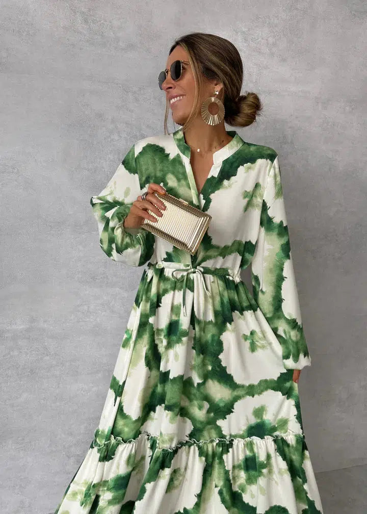 Robe longue pour femme - Manches longues - Col en V - Design élégant et fluide