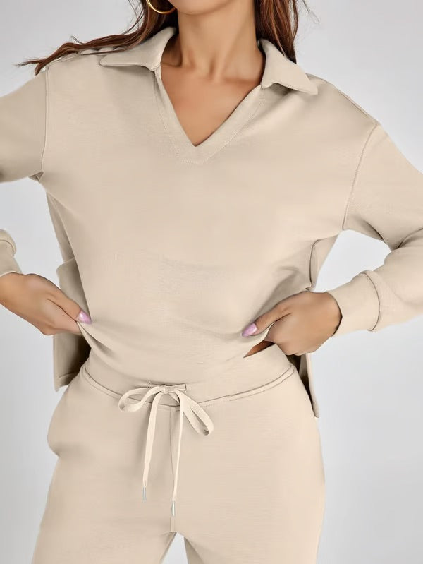 Ensemble deux pièces femme Sweat sport col V et pantalon large taille élastique | Idéal pour l'automne/hiver