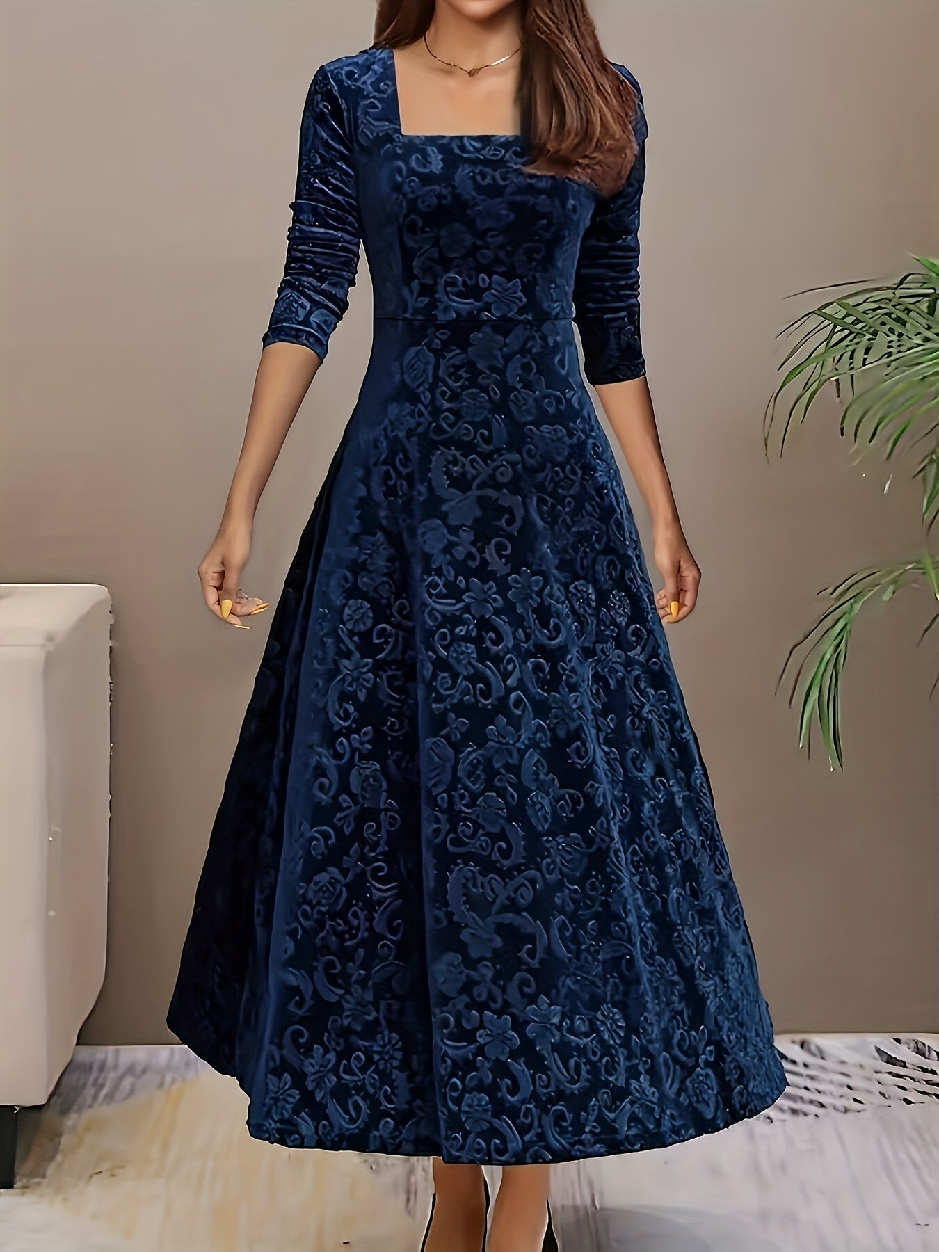 Robe de soirée en velours à col carré et motif floral en coton élégant pour femme | Idéale en toute saison