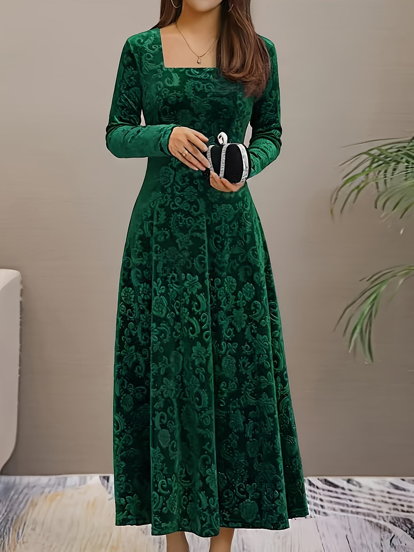 Robe de soirée en velours à col carré et motif floral en coton élégant pour femme | Idéale en toute saison