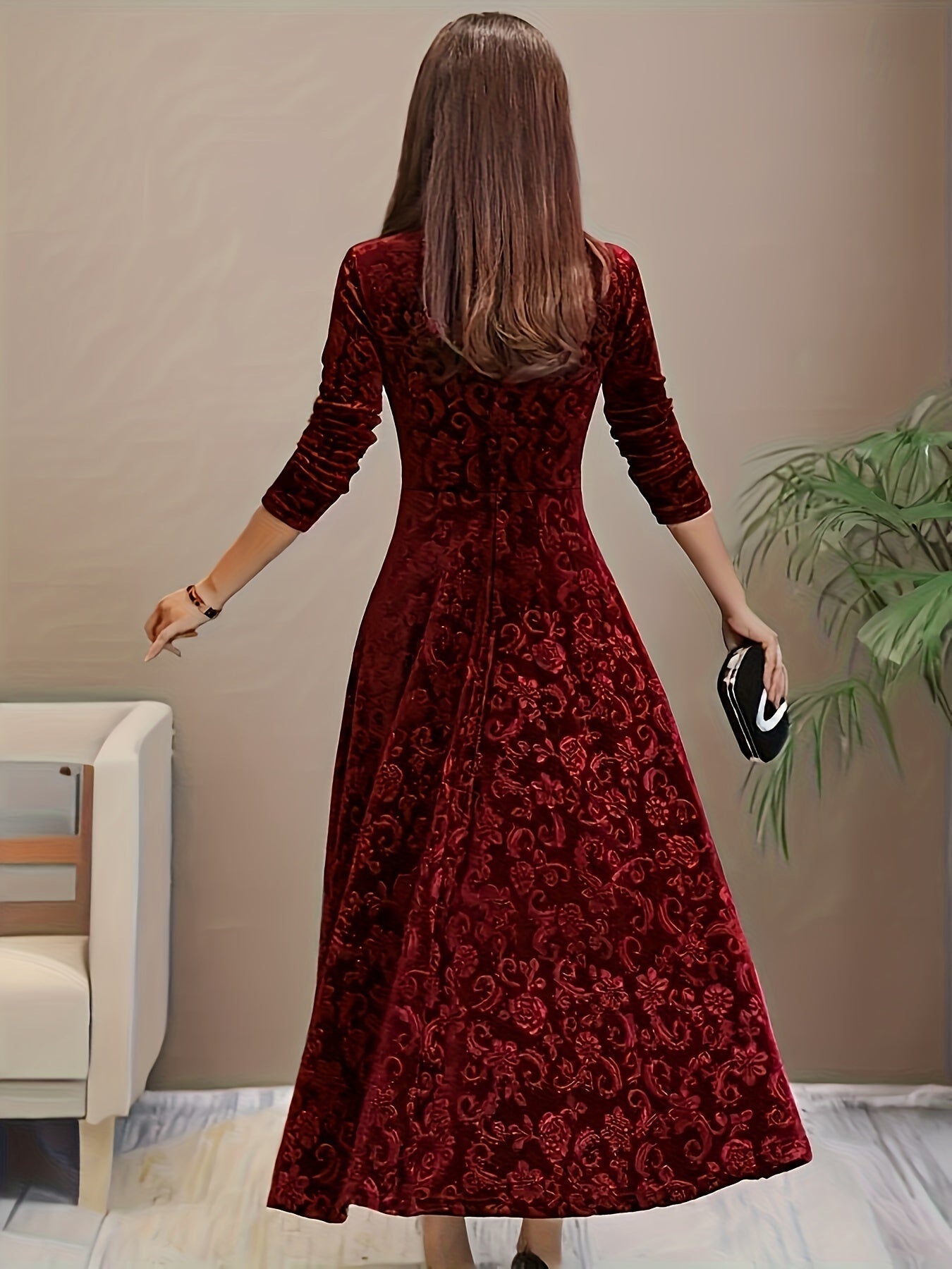 Robe de soirée en velours à col carré et motif floral en coton élégant pour femme | Idéale en toute saison