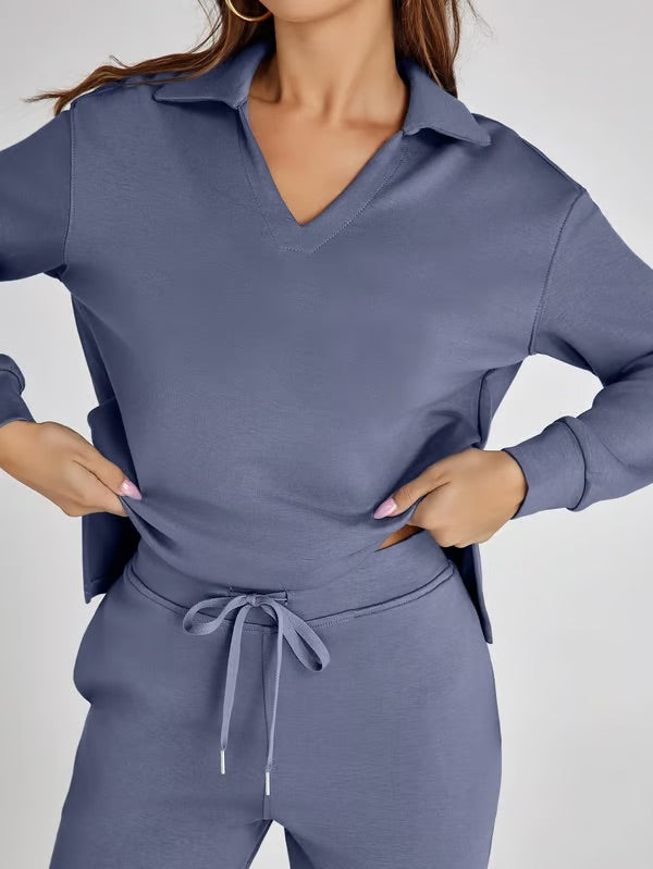 Ensemble deux pièces femme Sweat sport col V et pantalon large taille élastique | Idéal pour l'automne/hiver