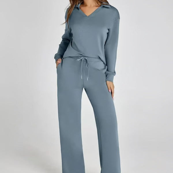 Ensemble deux pièces femme Sweat sport col V et pantalon large taille élastique | Idéal pour l'automne/hiver