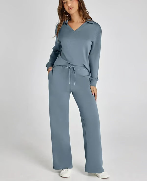 Ensemble deux pièces femme Sweat sport col V et pantalon large taille élastique | Idéal pour l'automne/hiver