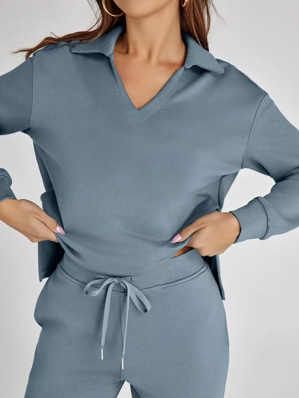 Ensemble deux pièces femme Sweat sport col V et pantalon large taille élastique | Idéal pour l'automne/hiver