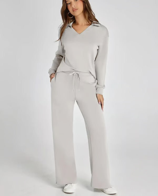 Ensemble deux pièces femme Sweat sport col V et pantalon large taille élastique | Idéal pour l'automne/hiver