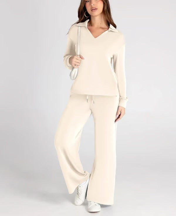 Ensemble deux pièces femme Sweat sport col V et pantalon large taille élastique | Idéal pour l'automne/hiver