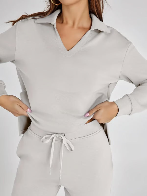 Ensemble deux pièces femme Sweat sport col V et pantalon large taille élastique | Idéal pour l'automne/hiver
