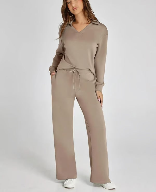 Ensemble deux pièces femme Sweat sport col V et pantalon large taille élastique | Idéal pour l'automne/hiver