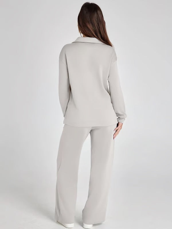 Ensemble deux pièces femme Sweat sport col V et pantalon large taille élastique | Idéal pour l'automne/hiver