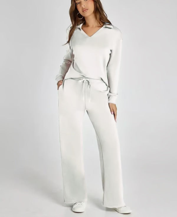 Ensemble deux pièces femme Sweat sport col V et pantalon large taille élastique | Idéal pour l'automne/hiver