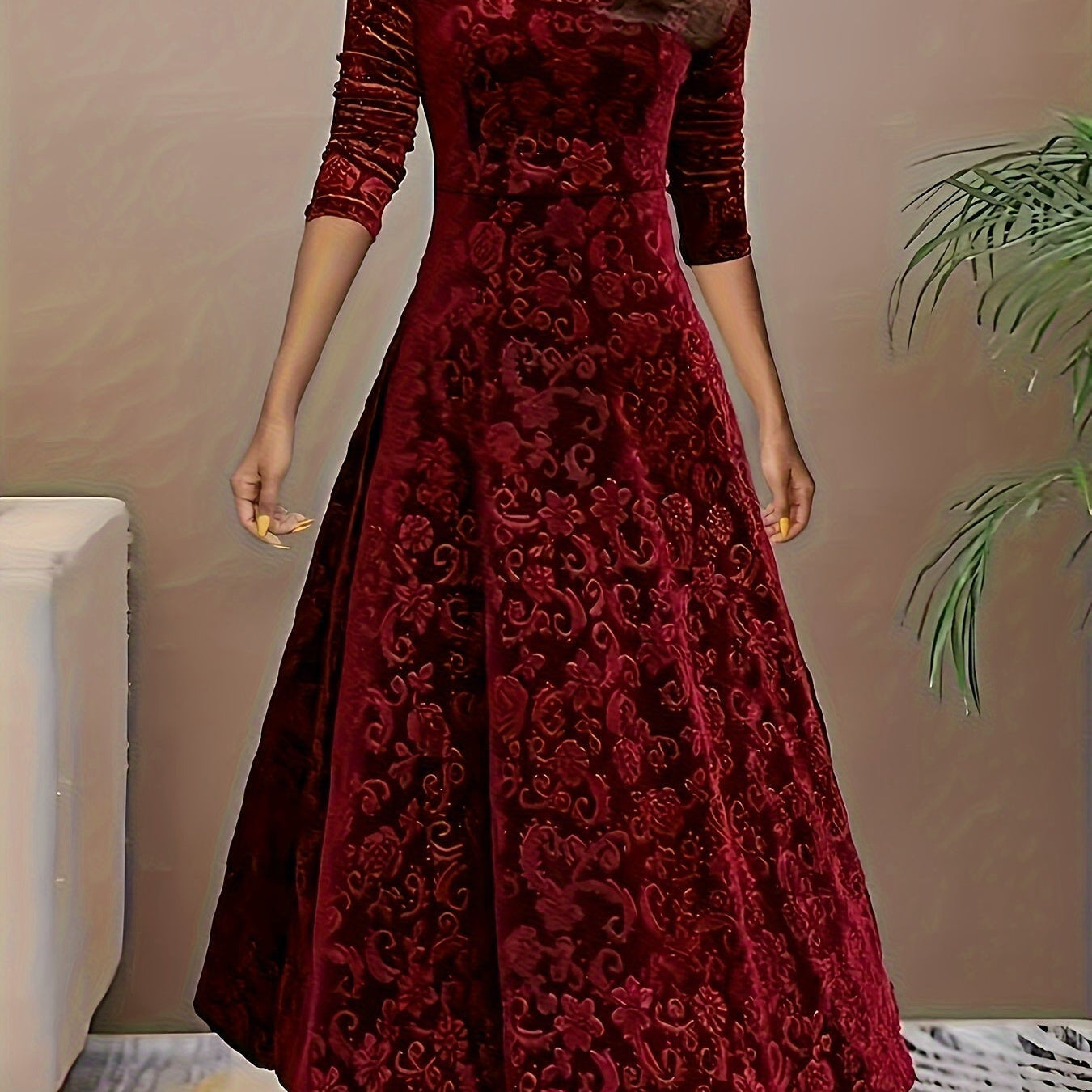 Robe de soirée en velours à col carré et motif floral en coton élégant pour femme | Idéale en toute saison