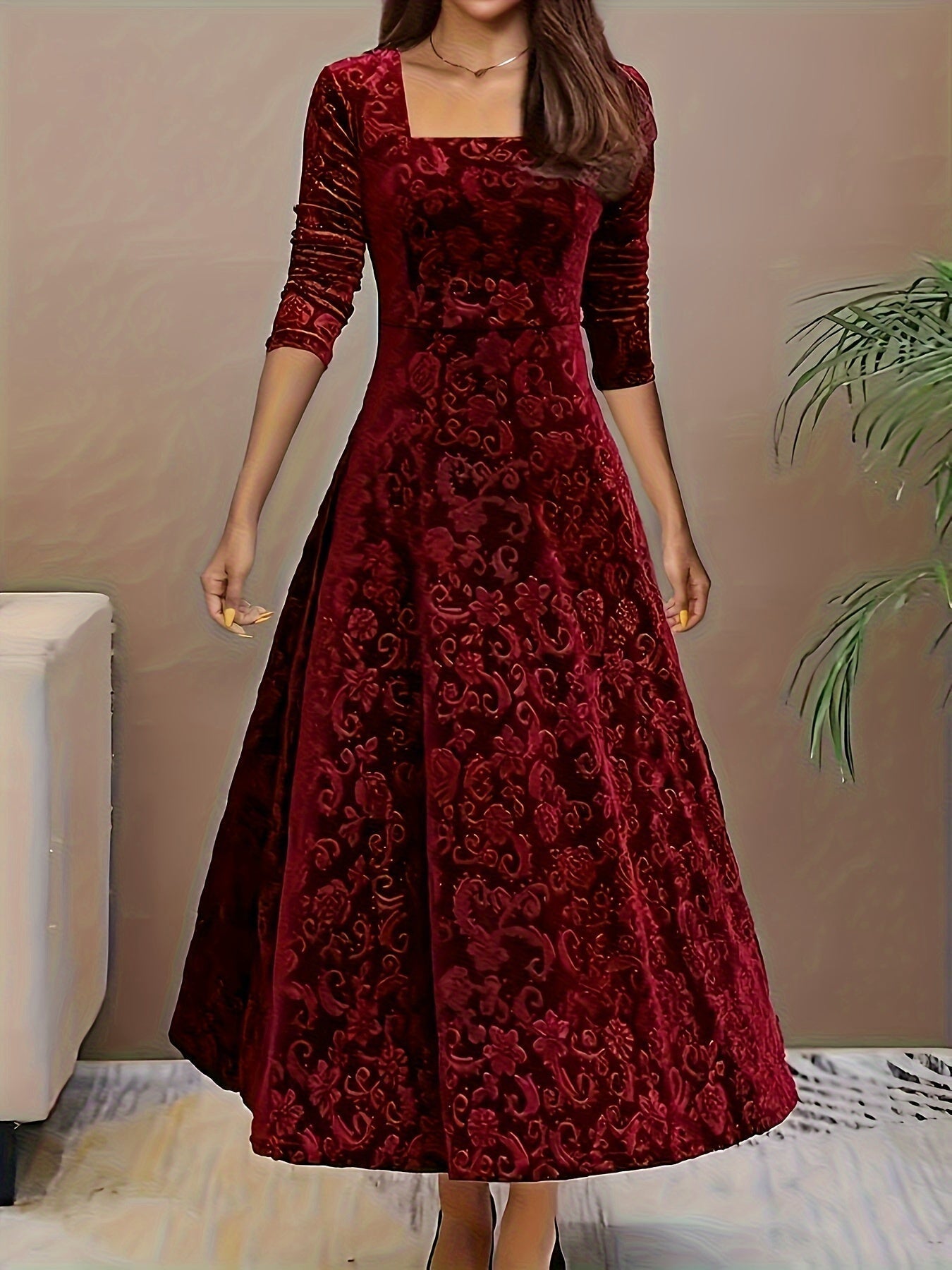 Robe de soirée en velours à col carré et motif floral en coton élégant pour femme | Idéale en toute saison
