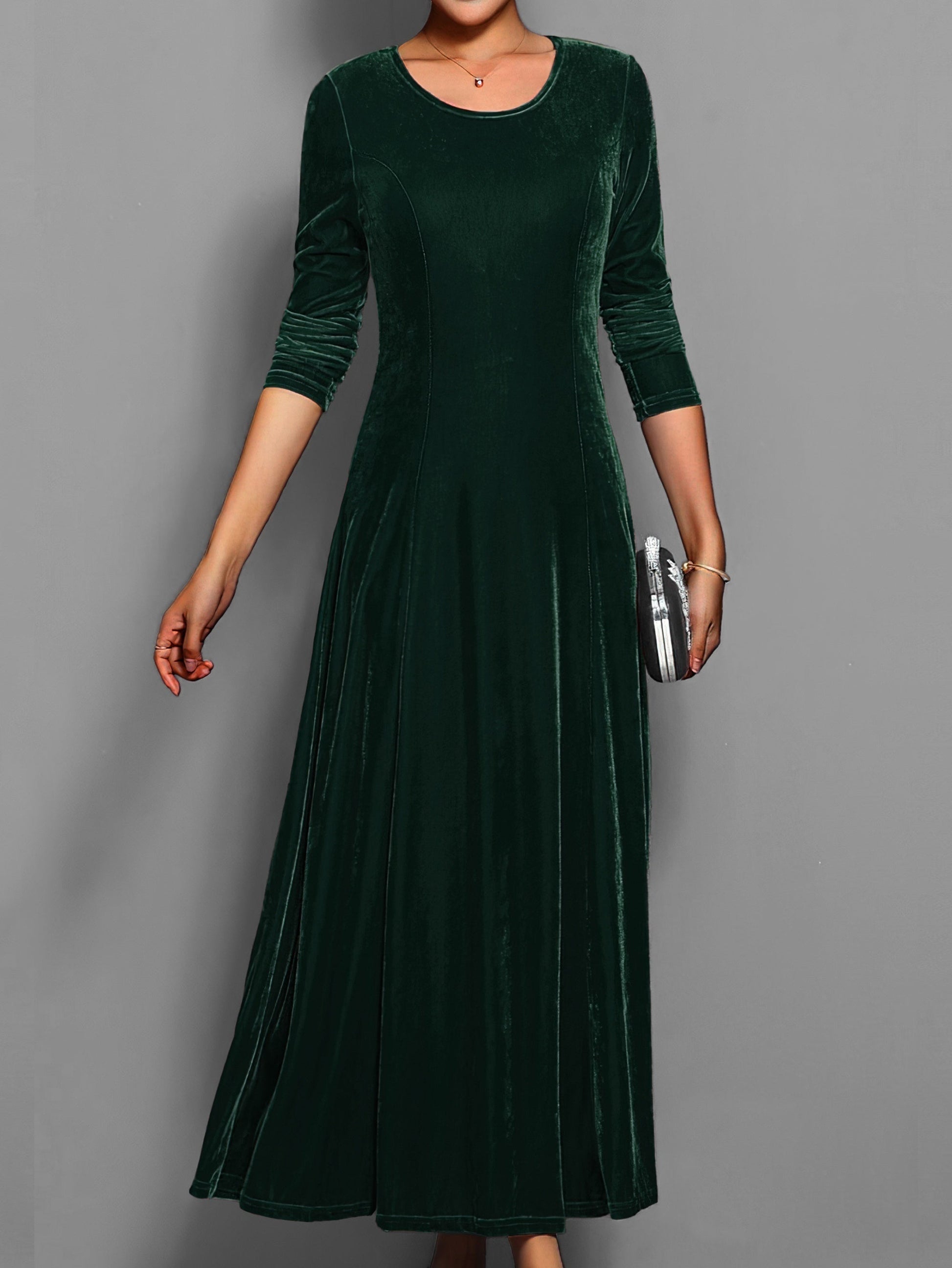 Robe habillée décontractée unie élégante mi-longue à col rond et manches longues pour femme | Idéale pour l'automne