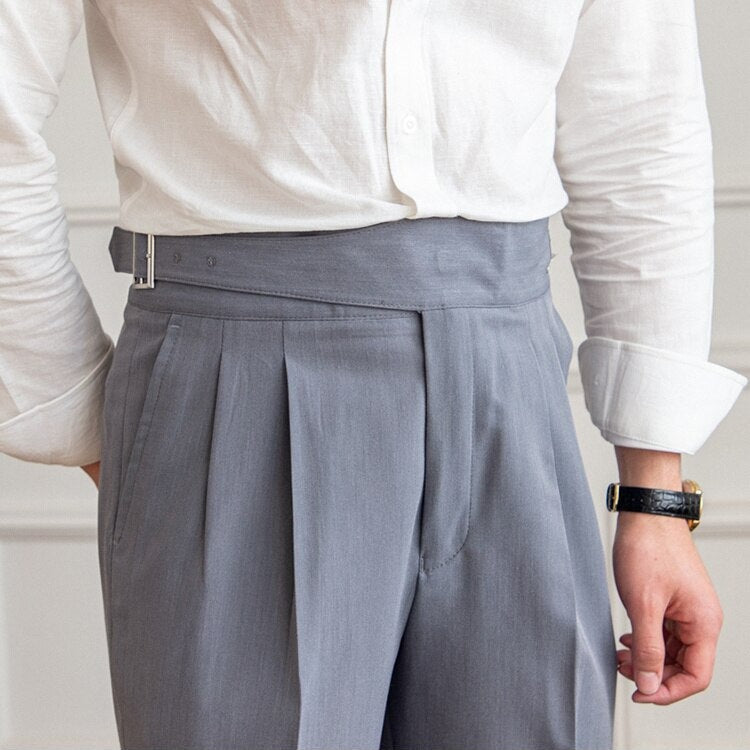 Pantalon taille haute pour homme - Coupe ajustée - Devant plissé - Boucle latérale réglable