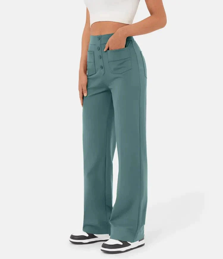 Pantalon large pour femme - Taille haute - Bouton - Coupe décontractée - Longueur classique