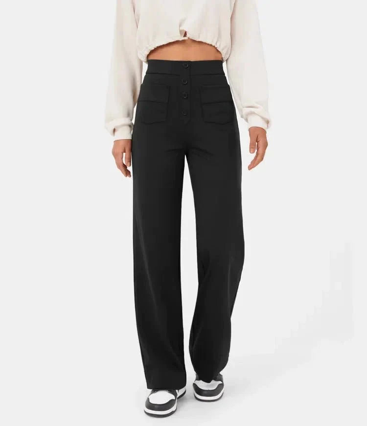 Pantalon large pour femme - Taille haute - Bouton - Coupe décontractée - Longueur classique
