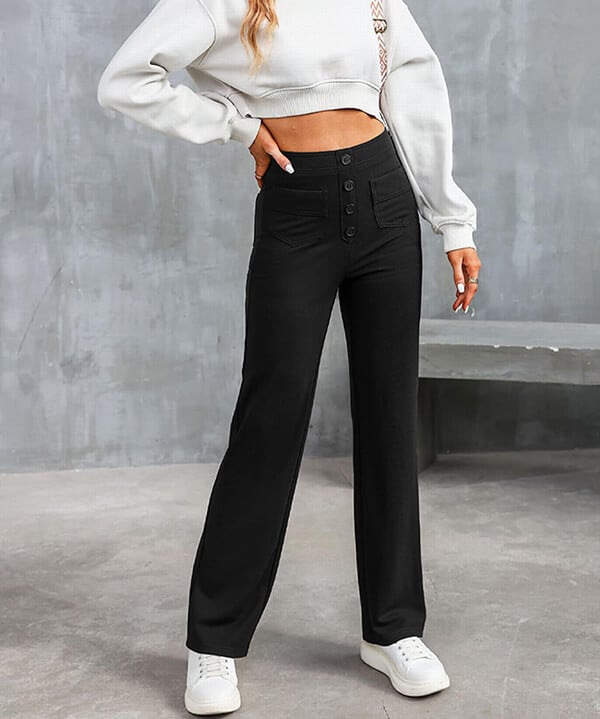 Pantalon large pour femme - Taille haute - Bouton - Coupe décontractée - Longueur classique