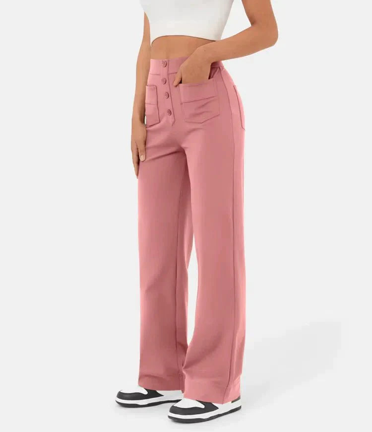 Pantalon large pour femme - Taille haute - Bouton - Coupe décontractée - Longueur classique