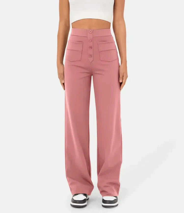 Pantalon large pour femme - Taille haute - Bouton - Coupe décontractée - Longueur classique