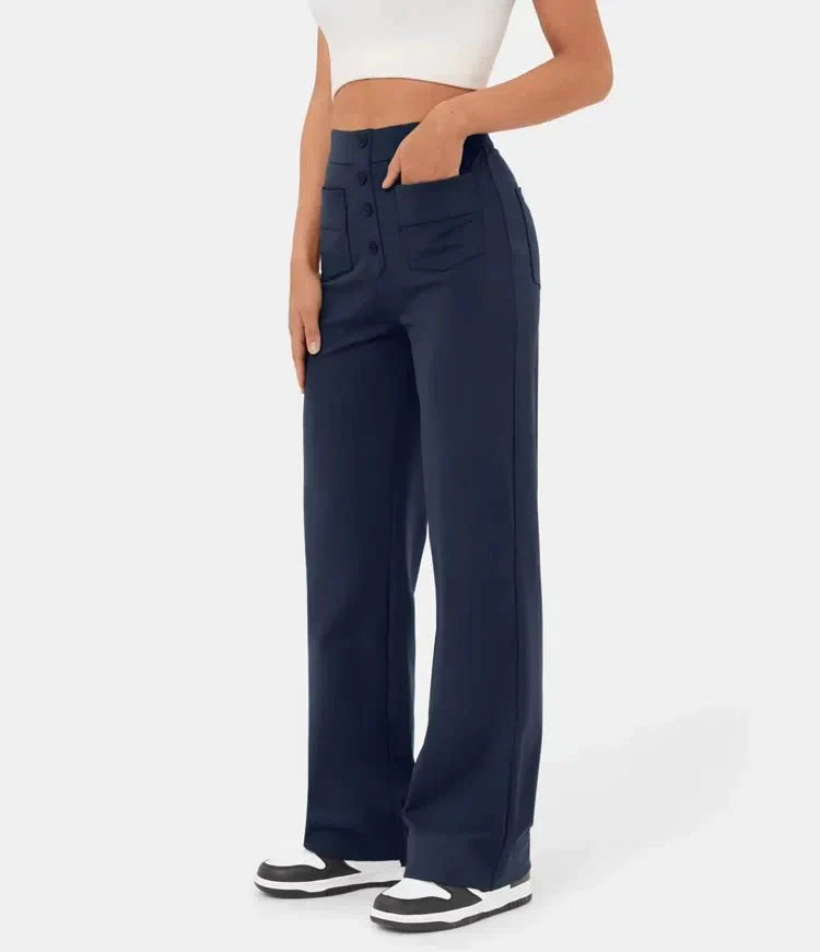 Pantalon large pour femme - Taille haute - Bouton - Coupe décontractée - Longueur classique