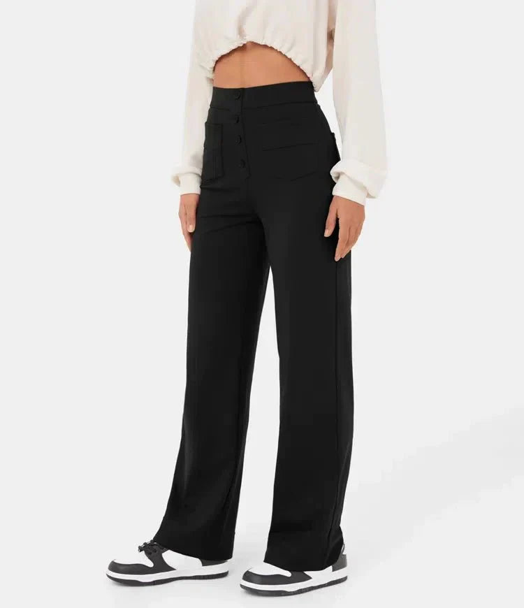 Pantalon large pour femme - Taille haute - Bouton - Coupe décontractée - Longueur classique