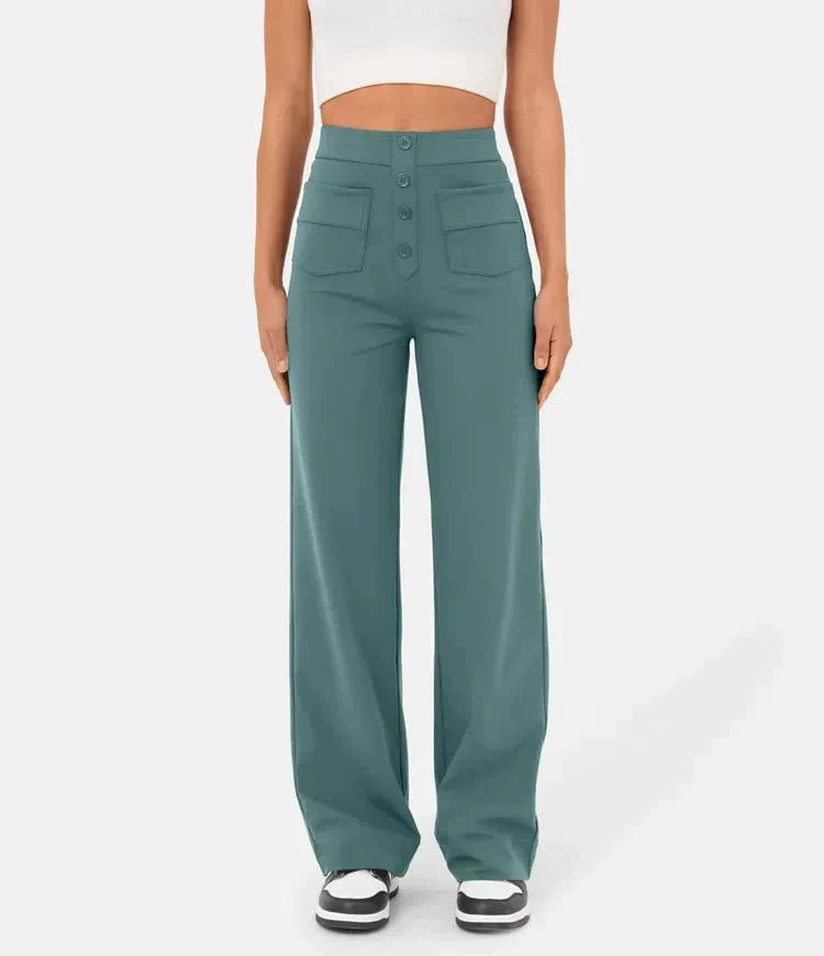 Pantalon large pour femme - Taille haute - Bouton - Coupe décontractée - Longueur classique