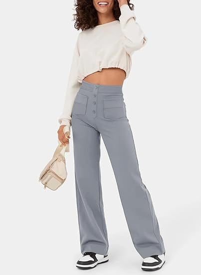 Pantalon large pour femme - Taille haute - Bouton - Coupe décontractée - Longueur classique