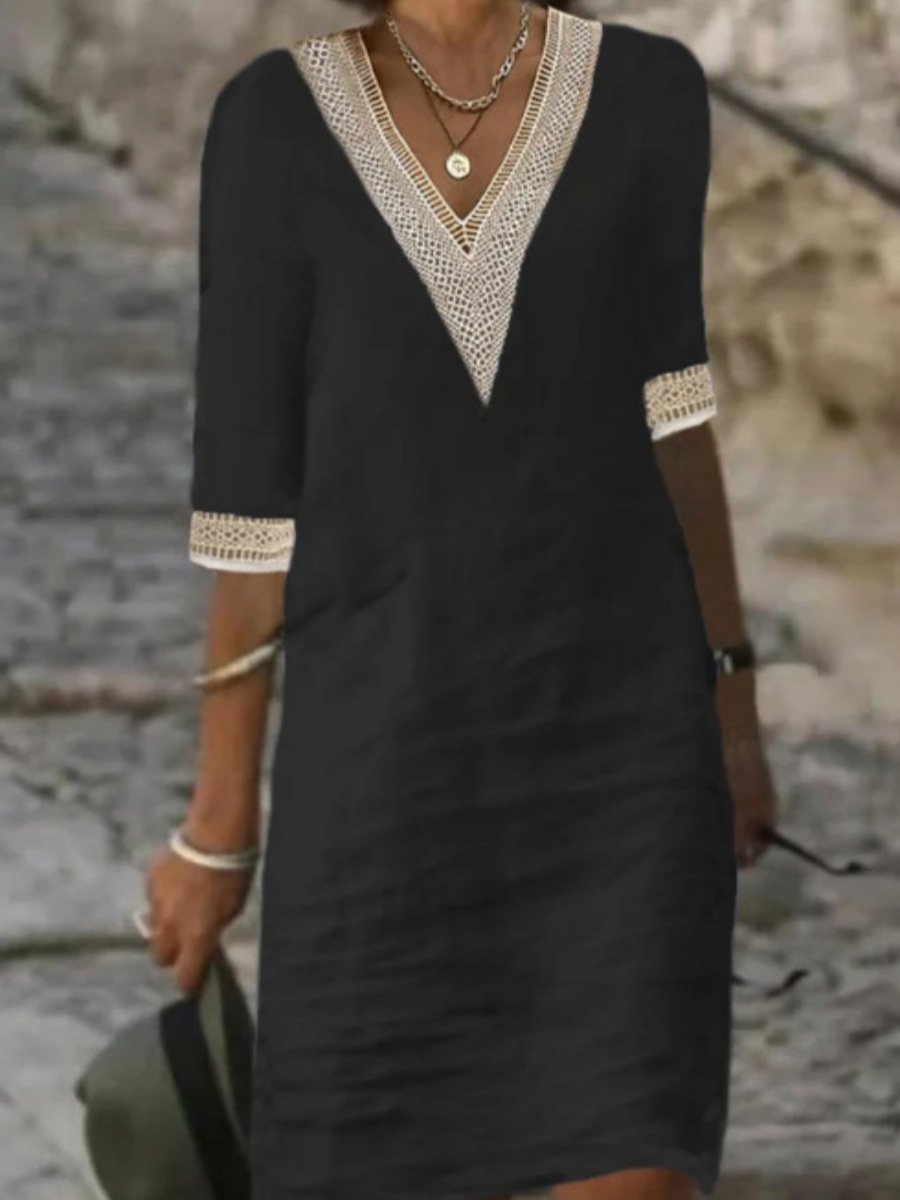 Robe décontractée pour femme - Mélange de lin - Col en V bordé de dentelle - Coupe ample - Manches 3/4