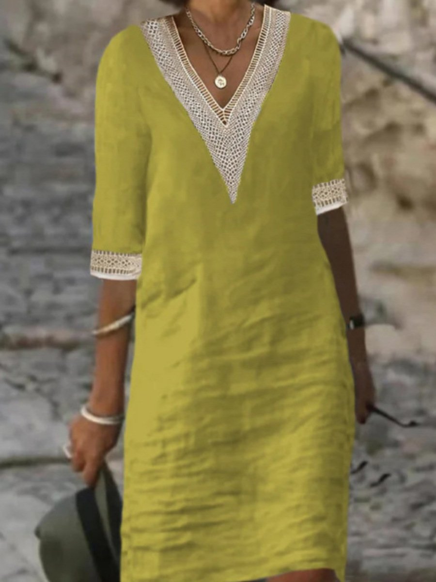 Robe décontractée pour femme - Mélange de lin - Col en V bordé de dentelle - Coupe ample - Manches 3/4