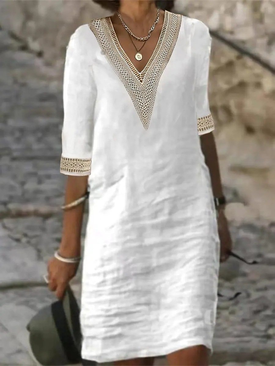 Robe décontractée pour femme - Mélange de lin - Col en V bordé de dentelle - Coupe ample - Manches 3/4