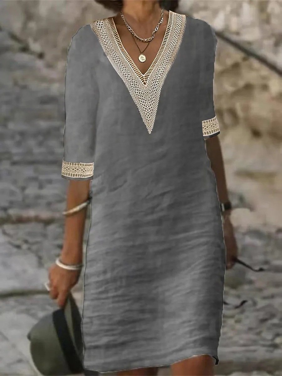 Robe décontractée pour femme - Mélange de lin - Col en V bordé de dentelle - Coupe ample - Manches 3/4