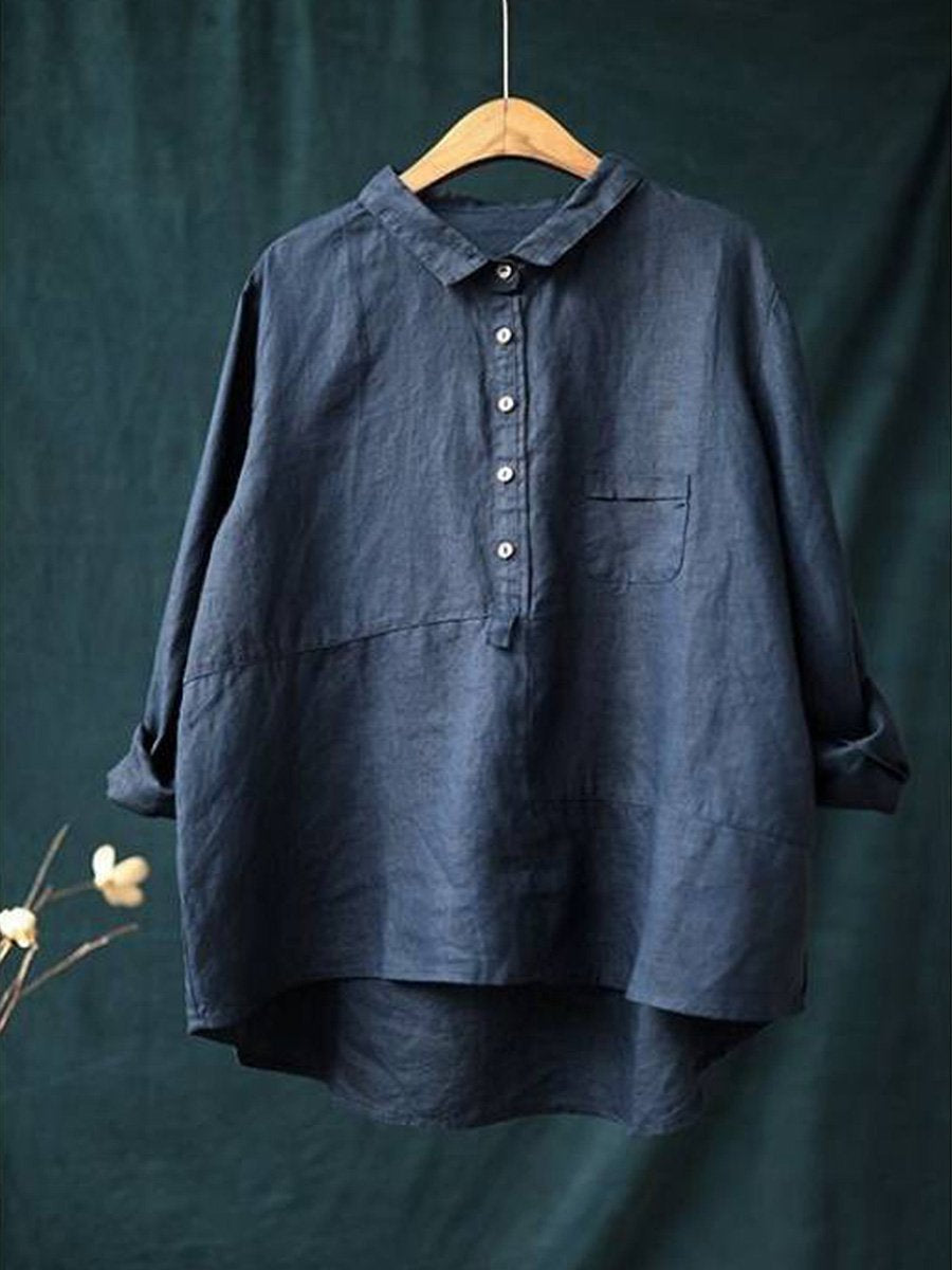 Chemise à manches longues décontractée pour femme en coton et lin uni à revers