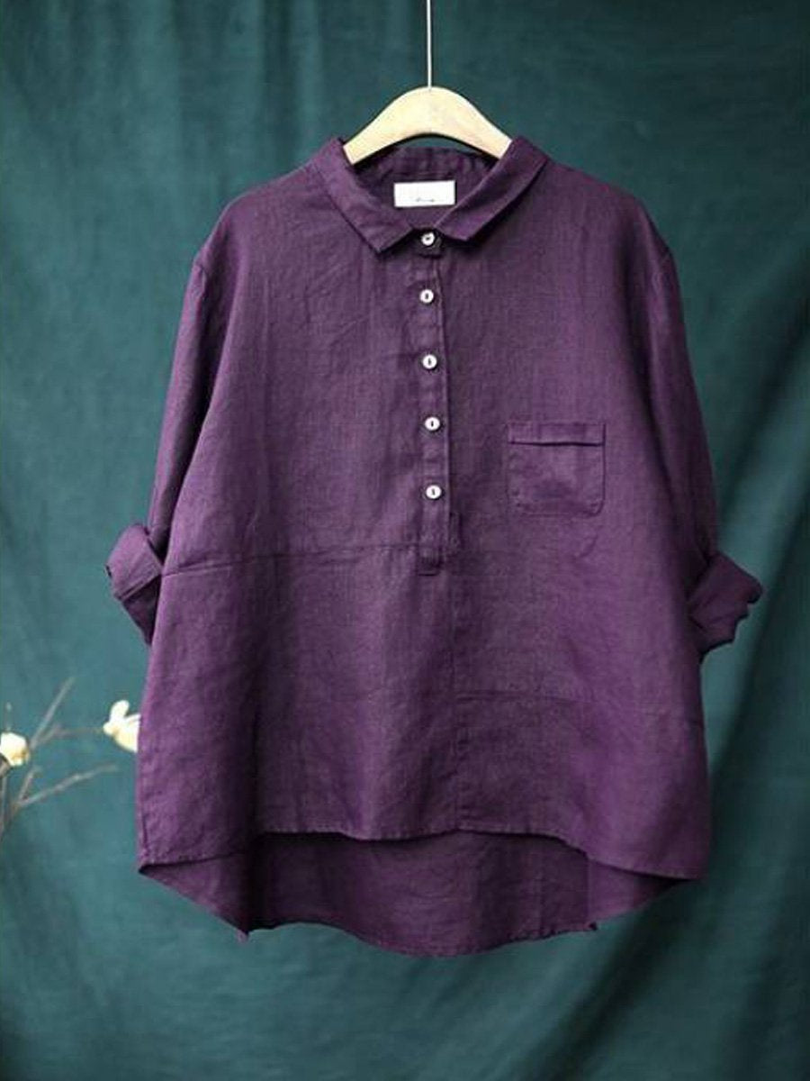 Chemise à manches longues décontractée pour femme en coton et lin uni à revers