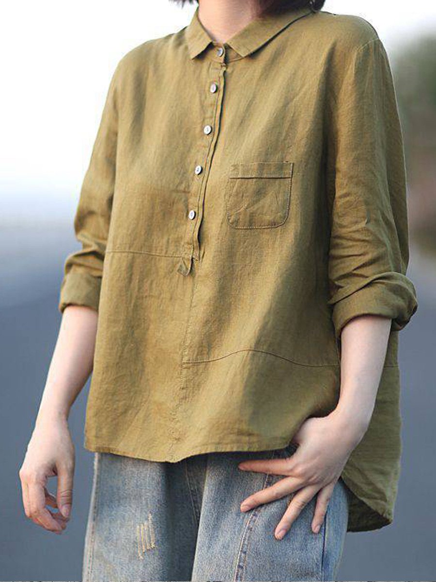 Chemise à manches longues décontractée pour femme en coton et lin uni à revers