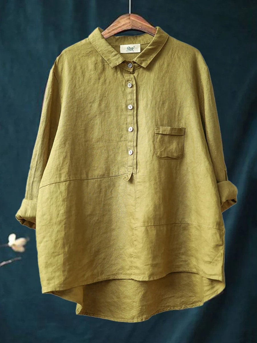 Chemise à manches longues décontractée pour femme en coton et lin uni à revers