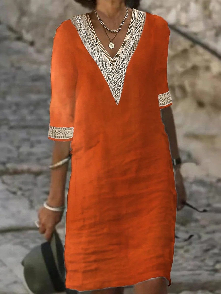 Robe décontractée pour femme - Mélange de lin - Col en V bordé de dentelle - Coupe ample - Manches 3/4