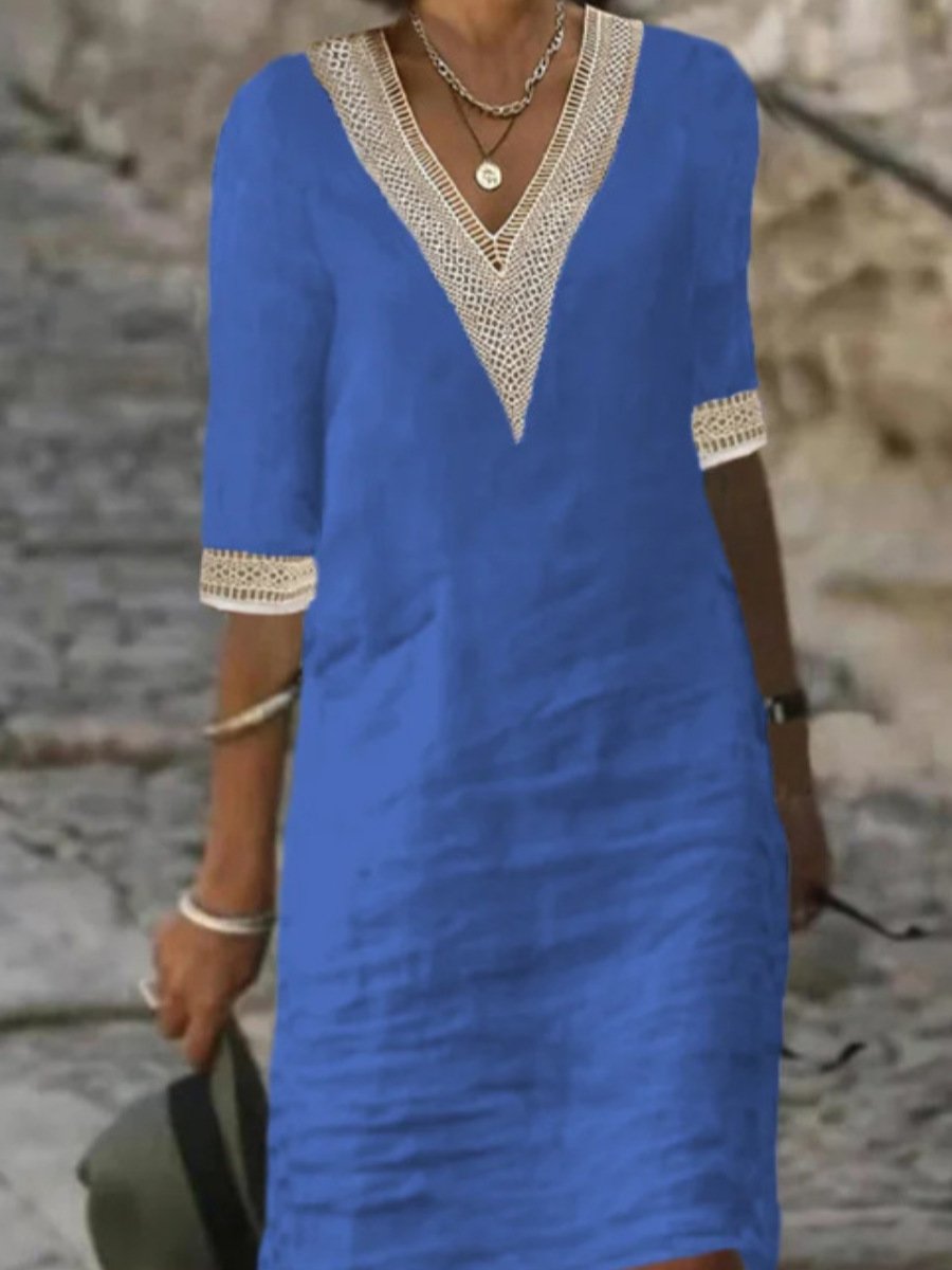Robe décontractée pour femme - Mélange de lin - Col en V bordé de dentelle - Coupe ample - Manches 3/4
