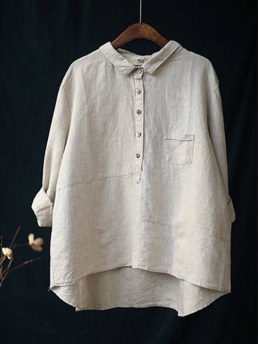 Chemise à manches longues décontractée pour femme en coton et lin uni à revers