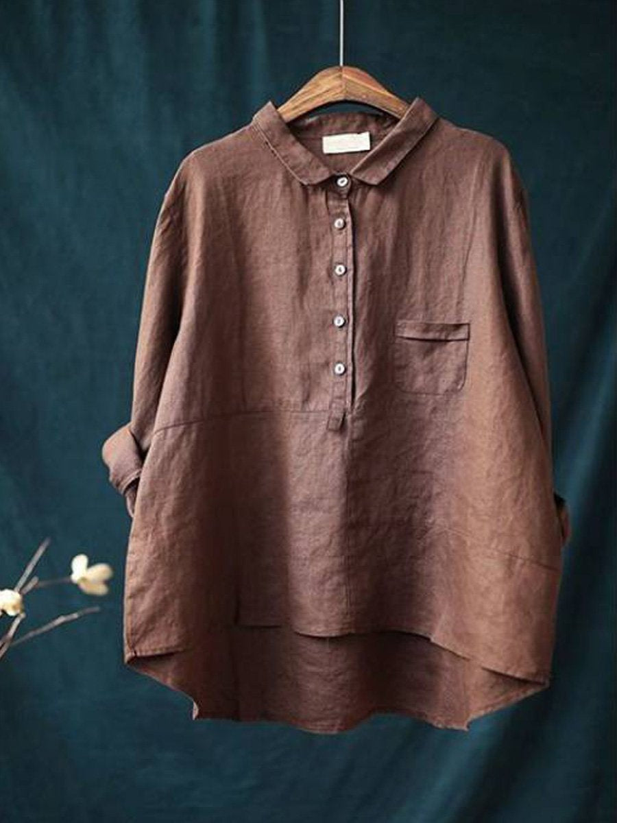 Chemise à manches longues décontractée pour femme en coton et lin uni à revers